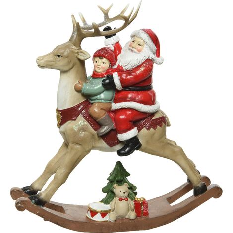Statuetta con babbo natale su renna con bambino, decorazione per interno h 22.5 cm (1/2)