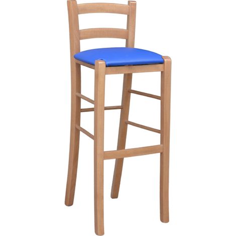Tabouret h 80 cm en noyer clair avec dossier et siège en similicuir bleu (1/5)