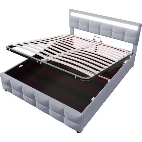 Cama capitoné 180 x 200 cm gris con LED, somier de lamas y arcón hidráulico (1/5)