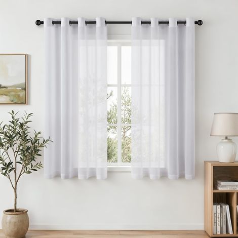 Lot de 2 Rideau Voilage Fenetre Blanc 132x145 cm à Oeillets (1/5)