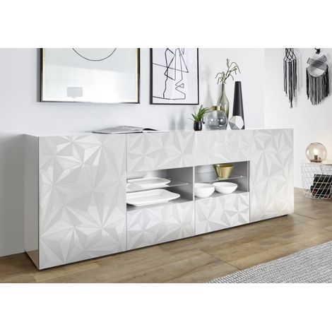 Buffet PRISMA 2 portes et 4 tiroirs – Design géométrique blanc laqué brillant (1/3)