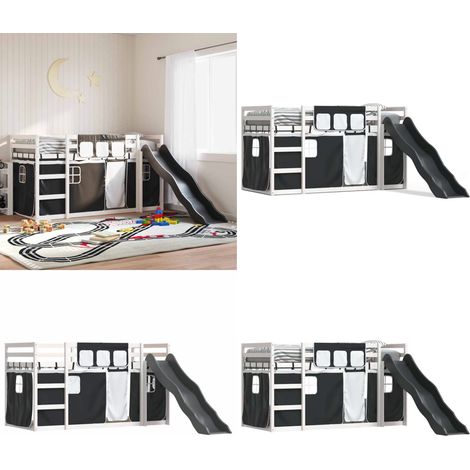 Etagenbett mit Rutsche und Gardinen Weiß und Schwarz 90x200 cm - Hochbett für Kinder - Holzbett