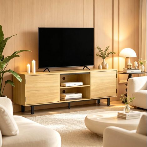 Mueble TV 160/35/55,5 cm efecto madera natural con 2 puertas a presión y 2 huecos abiertos (1/5)
