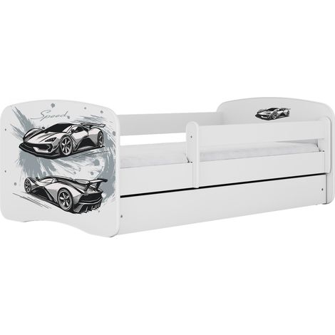 Kinderbett 80 × 180 cm mit Schublade und Rausfallschutz, mit Matratze, weiß Motiv Sportwagen (1/4)