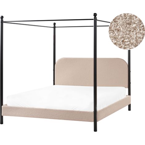 Cama con dosel de metal negro retro minimalista somier de listones madera de álamo tapicería de bouclé gris pardo 160 x 200 cm Dannemois