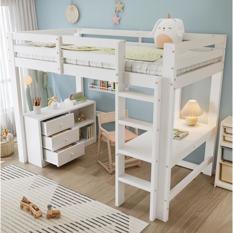 Letto a soppalco per bambini con scrivania, cassettiera e scaffale, 90x200 cm, legno massello+MDF, bianco, rete a doghe (1/5)