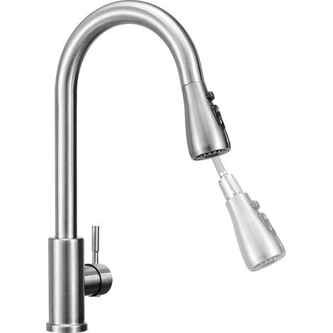 Küchenarmatur mit Ausziehbrause und 60 cm langem Verlängerungsauslauf, 360° drehbarer Spülbeckenbrause, Armatur aus gebürstetem Edelstahl 304, 3 einstellbare Warm- und Kaltwassermengen (1/5)