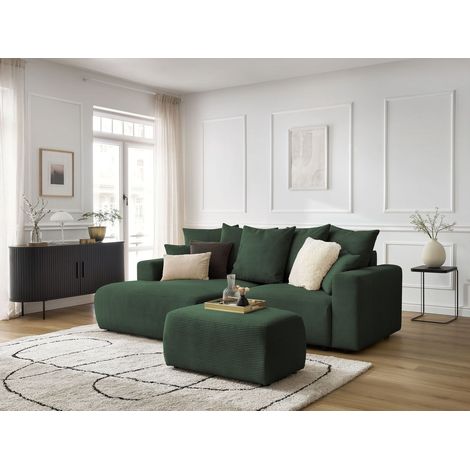 BOBOCHIC - Canapé d'angle convertible coffre ATILLA velours côtelé avec pouf Angle gauche  Vert foncé (1/5)