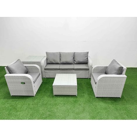 Fimous PE Rattan Garden Furniture Set Reclining Chair Sofa Lounge Sofa Set Square Coffee Table Side Table Light Grey (1/4)