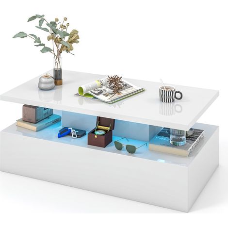 Tavolino a 2 livelli con luci LED bianco lucido colori della luce regolabili, Tavolo da centro rettangolare Bianco (1/5)