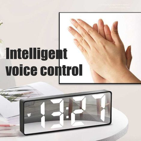 Réveil LED multifonction avec miroir, commande vocale, snooze, affichage temps/température, double alimentation piles/secteur, boîtier blanc, lumière blanche (1/5)