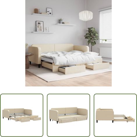 vidaXL Sofa-Bett - Tagesbett Ausziehbar mit Schubladen Creme 90x200 cm Stoff (1/5)