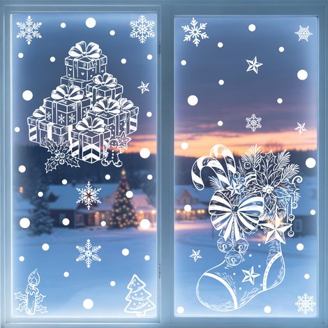 Autocollants de Noël, traîneau, boîte cadeau, autocollants pour vitres, flocons de neige blancs, sapin de Noël, autocollants électrostatiques, décorations de fenêtre, autocollants pour fenêtres.