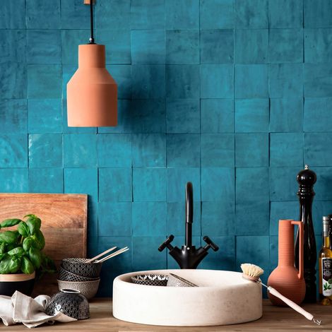 Carrelage Zellige Marocain Bleu Turquoise 10x10 cm (vendu par 0,5 m²) - RO'MA NATURE (1/2)