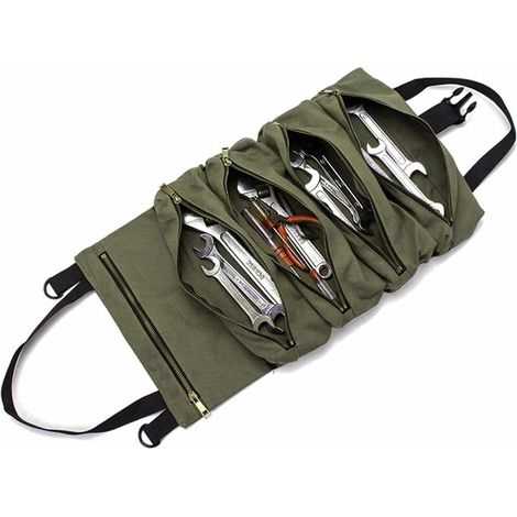 Sac à outils en toile robuste avec 5 poches zippées pour électricien, chauffage, climatisation, plombier, charpentier ou mécanicien Vert (1/2)