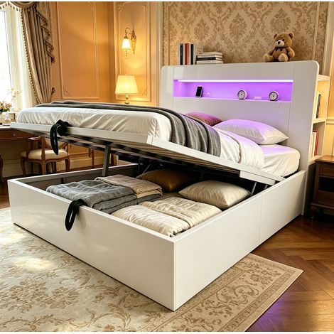 Lit plateforme 140x200 cm en bois blanc avec rangement hydraulique, LED et prises (1/5)