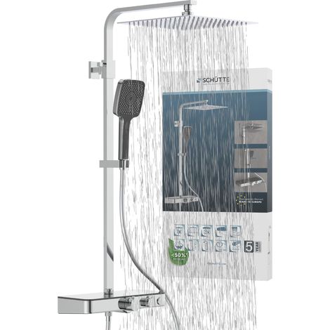 Système Thermostat et étagère en Verre-Ensemble 30 x 30 cm, Effet Pluie avec Support Mural et pommeau Colonne de Douche en Chrome/Anthracite 60531, 350 x 1200 x 520 mm (1/5)