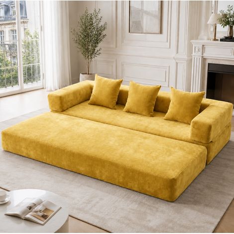 Sofá modular 198x79x60 cm de tela amarillo mostaza, ahorra espacio FloraGrace (1/5)