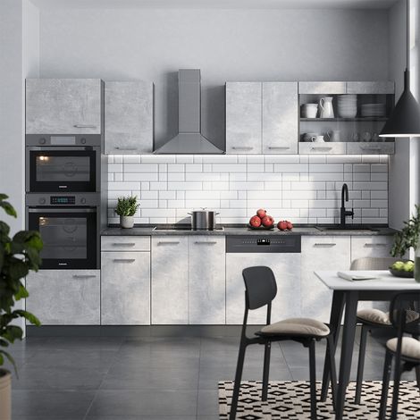 Cucina componibile R-Line, Calcestruzzo/antracite, 300 cm con armadio alto, PL Antracite, Vicco