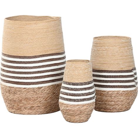 Cache pot design en fibre tressée marron bicolore style urban - Marron naturel bicolore et beige (1/4)