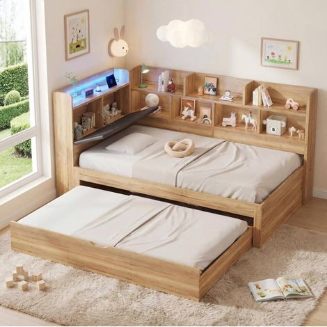 Lit enfant en L MDF coloris naturel 90x200 cm avec lit gigogne 90x190, LED, USB-C et rangements