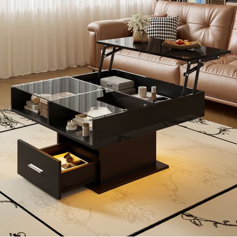 Tisch aus Spanplatte in Schwarz, höhenverstellbar 78x78 cm, mit LED, Hochglanz und Stauraum (1/5)