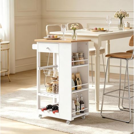 Mobile cucina su ruote con vano contenitore, 56,5 x 37 x 87 cm, bianco e bambù HAVRYA (1/5)