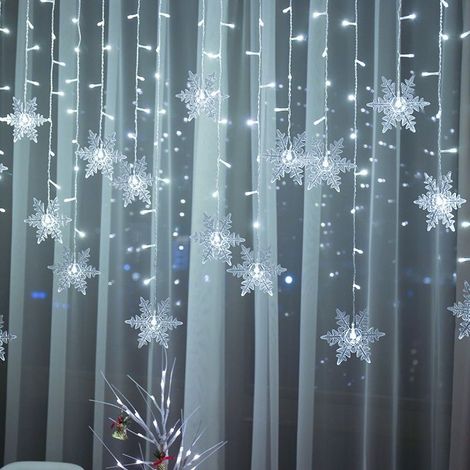 1 guirlande lumineuse de Noël, 96 LED, 19 flocons, 4x0,6 m, 8 modes d'éclairage, IP44, pour intérieur et extérieur (1/5)