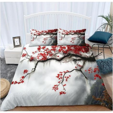 Housse de Couette 220x240 cm Érables Rouges Paysage De Montagne Parure de Microfibre Fermeture Éclair et 2 Taie d'oreiller - XRH (1/5)