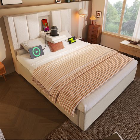 MEUBLIV Cama 90x200 cm beige – estructura tapizada con almacenaje y carga, sin colchón (1/5)