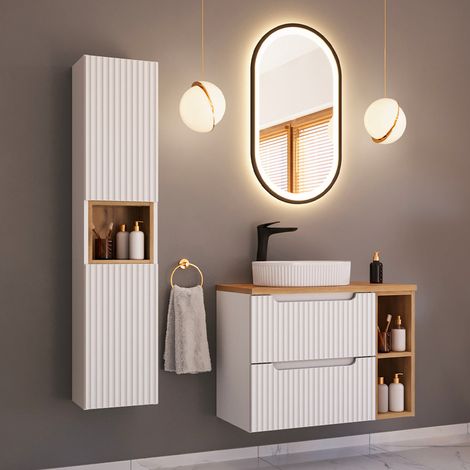 Ensemble meuble simple vasque 80cm 2 tiroirs 2 niches et colonne Riva Blanc et Bois (1/5)