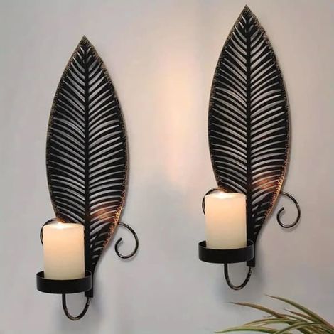 Confezione da 2 portacandele da parete in metallo – Decorazione rustica per tavolo e parete, senza candele, con motivo a foglie per la casa (1/5)
