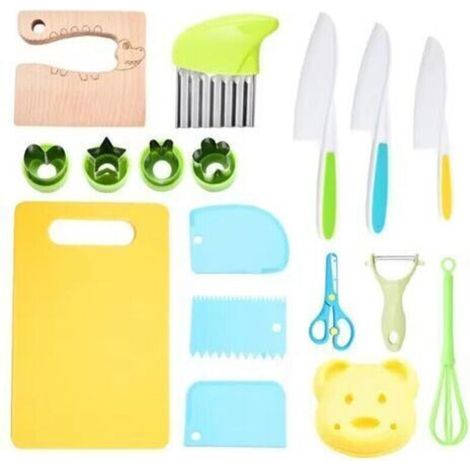 Lot de 17 couteaux et ustensiles de cuisine pour enfants, couteau sécurité de cuisine enfant avec d'emporte-pièces, couteaux en bois couper des fruits légumes, pour enfant de 2 ans et plus (1/5)