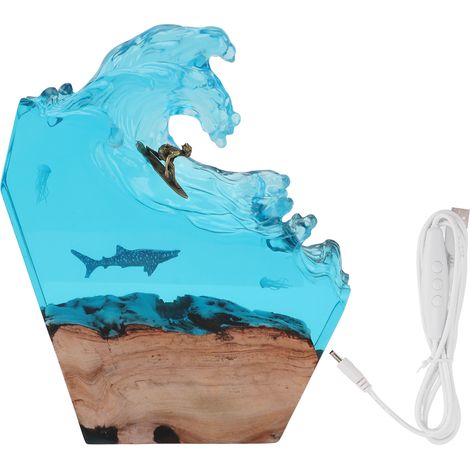Lampada notturna a LED con motivo a onde oceaniche, lampada da tavolo artigianale realizzata in legno e resina sintetica, lampada da comodino 3D, oggetto decorativo artistico per ufficio, camera da le (1/5)