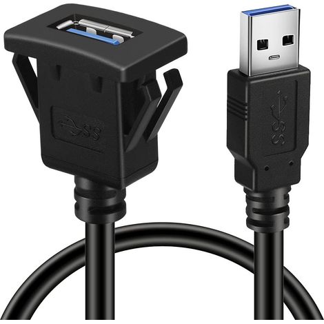Câble d'extension de montage de panneau USB 3.0 carré à port unique avec boucle pour tableau de bord de motocyclette de bateau de camion de voiture 1M