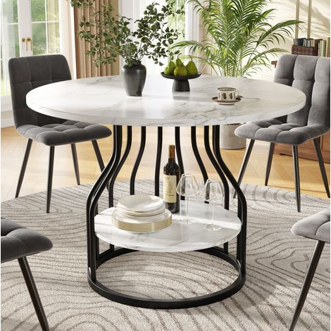 Runder Esstisch (80×80×76cm), Küchen-Esstisch, runder Couchtisch für 4 Personen, kleine runde Platte in der Mitte zur Aufbewahrung, geeignet für Esszimmer, Wohnzimmer, MDF-Marmor-Tischplatte, schwarz (1/5)