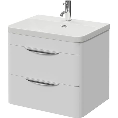 Oslo Gloss White 600mm Wall Mounted 2 Drawer Vanity Unit with Fina Basin - 600mm - Oslo Standard Handle