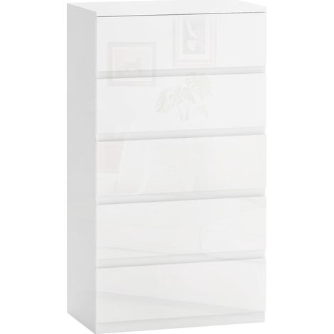 Commode moderne en bois à 5 tiroirs, anti-basculement, 55 x 33 x 100 cm, blanc brillant