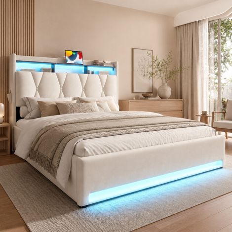 Lit coffre 160x200 cm en velours beige, avec rangement et LED, pour chambre moderne FloraGrace (1/5)