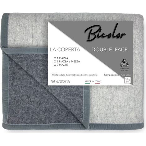 COPERTA BICOLOR in vera pura LANA vergine morbida e calda GRIGIO Melange 1 PIAZZA E MEZZA