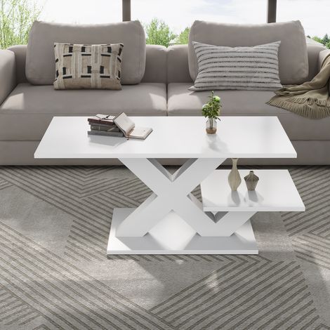 Table basse rectangulaire blanche, double plateau, finition laquée brillante, table d'appoint, table console, table de salon en MDF, pieds géométriques en forme de X, charge maximale 10 kg, 100 x 48 x (1/4)