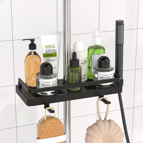 Étagère douche sans perçage, hauteur réglable, barre 18–25 mm, organisateur salle bain, noir.