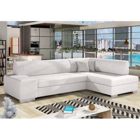 Les Tendances – Canapé convertible angle droit simili cuir blanc 272 cm – Couchage 125x195 cm – Méridienne L 97 x P 170 cm – Coffre de rangement intégré (1/5)