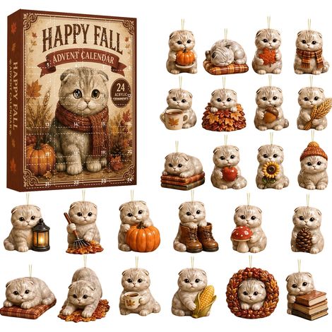 Herbst-Adventskalender mit Katzenmotiven – 24 flache 2D-Acryl-Anhänger mit niedlichen Katzenmotiven – Überraschungsbox für den Countdown bis zum Herbst – Dekoration für Zuhause und festliches Geschenk (1/5)
