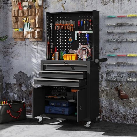 Meuble atelier sur roulettes 69x33x133 cm en métal noir, avec rangement pour garage FLORAGRACE (1/5)