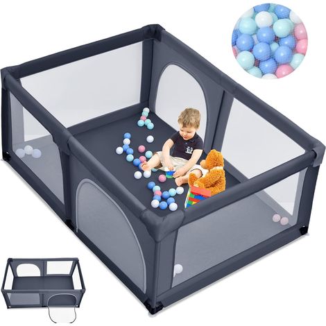 COSTWAY Parc Bébé, Aire d'Activités Portable pour Enfants avec Porte de Sécurité, Parois en Maille Respirante, Ventouses Antidérapantes et 50 Boules Colorées (120 x 190 x 68 cm, Gris Foncé) (1/5)