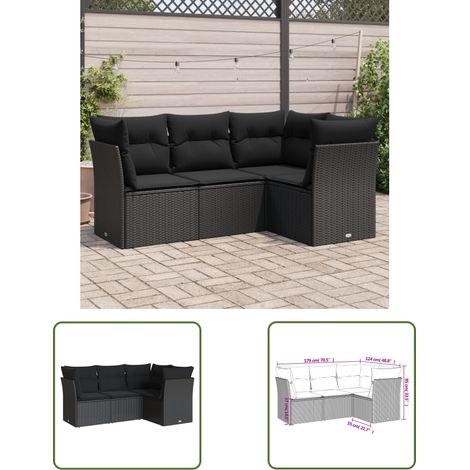 The Living Store 4-tlg. Garten-Sofagarnitur mit Kissen Schwarz Poly Rattan - Gartenmöbel - Outdoor Möbel - Rattan Sofa - Lounge Set - Gartensorgaunität