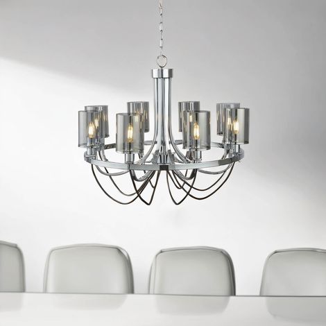 Kronleuchter Metall Rauchglas 70 cm breit H: max. 124 cm Chrom Rauchgrau E14 Modern (1/5)