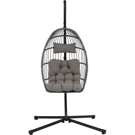 Fauteuil suspendu pliable - JUANIO - Balancelle - Coussin épais gris - Structure métal noire - Support base croisée 103x103x197 cm (1/5)