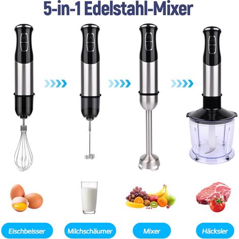 5 en 1 Mixeur Plongeant, 1000 W Mixeur Plongeur Multifonction, 21 Vitesse et mode turbo, verre doseur, bol hachoir, Fouet, Bâton à mousse de lait, Lames en acier inoxydable, sans BPA (1/5)
